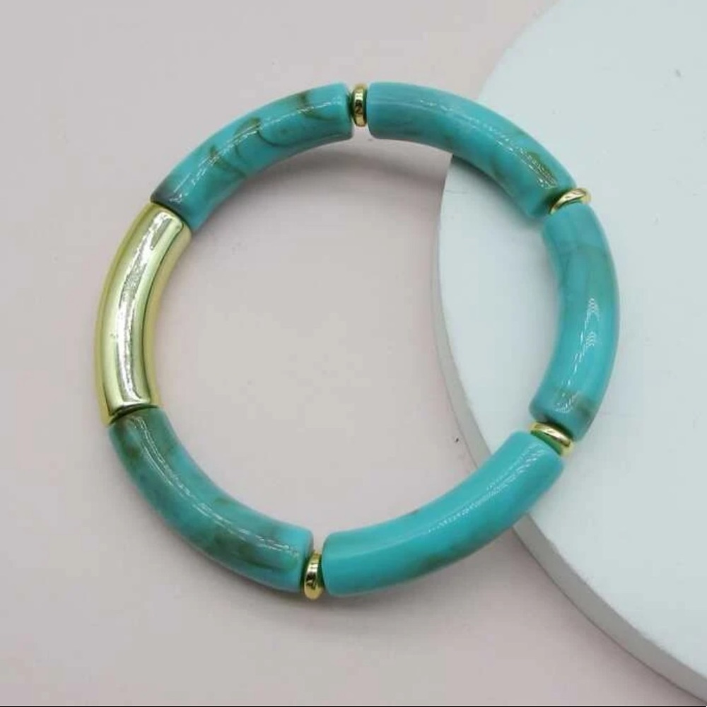 B2G1🌵Boho Turquoise Tube Bead & Gold Tone Stretch Stacking Bracelet NWT - Picture 10 of 15
